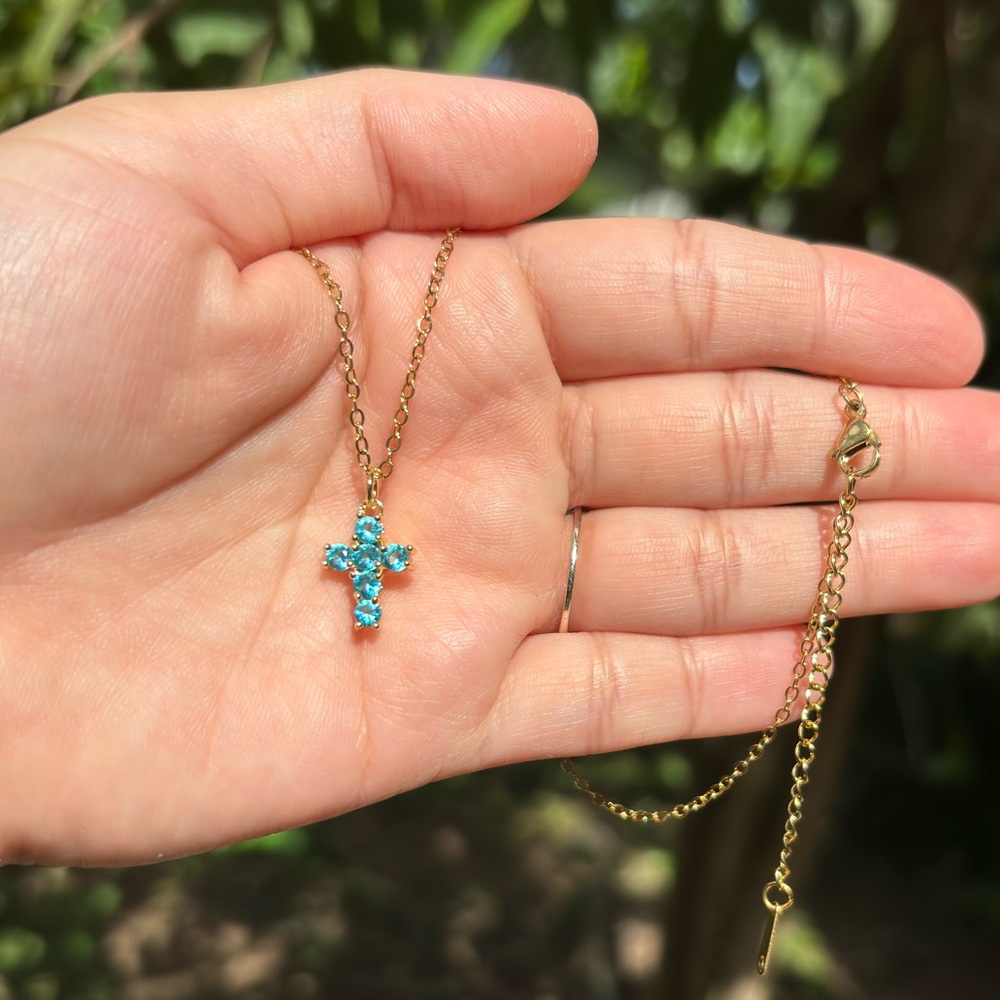 18K Gold Plated Stainless Steel Aqua Blue Cross Necklace